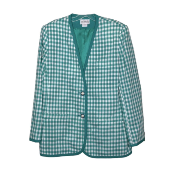 NEW - Vintage HABERDASHERY Teal & White Checked Pearl Button Front Blazer Size 8 - Picture 1 of 8